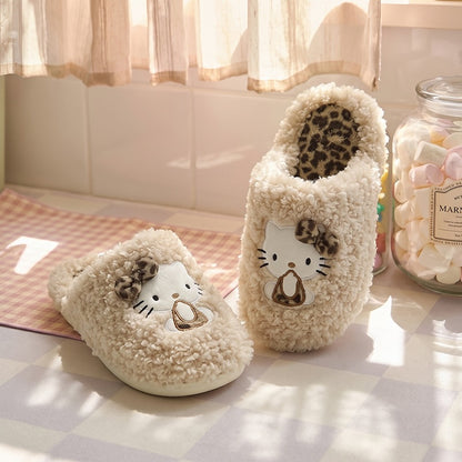Khaki winter leopard bow cute hello kt cat slippers aesthetic warm plush house shoes
