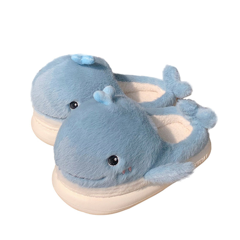 Light blue open-toe plush slippers shaped like a 3D whale with a top water spout and glossy eyes, soft indoor footwear with EVA sole