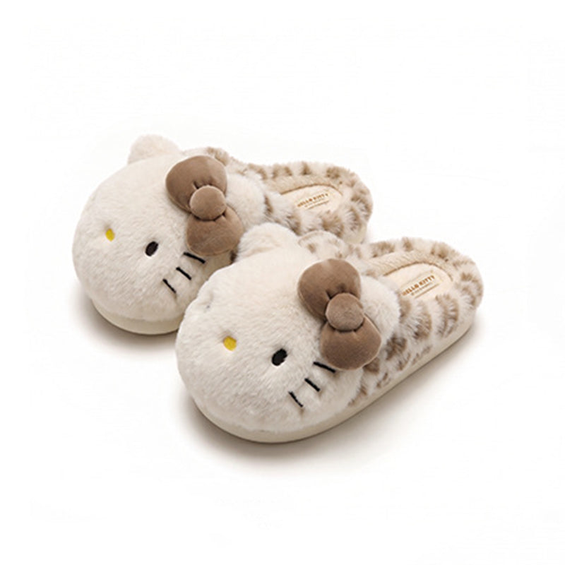 Light brown winter print bow hello kt cute cat slippers aesthetic warm plush house shoes