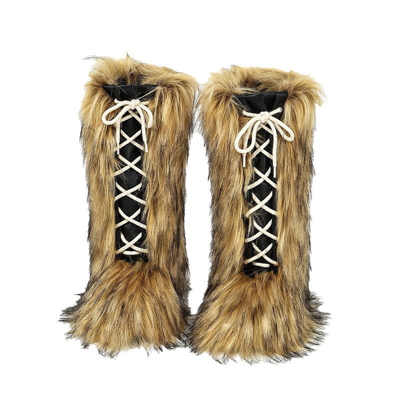 Light brown winter y2k lace-up faux fur mid-calf boots pvc sole footwear