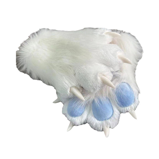 Long white furry cosplay gloves featuring three light blue oval paw pads and curved 3D ivory claw tips, soft fabric lined plush mitts