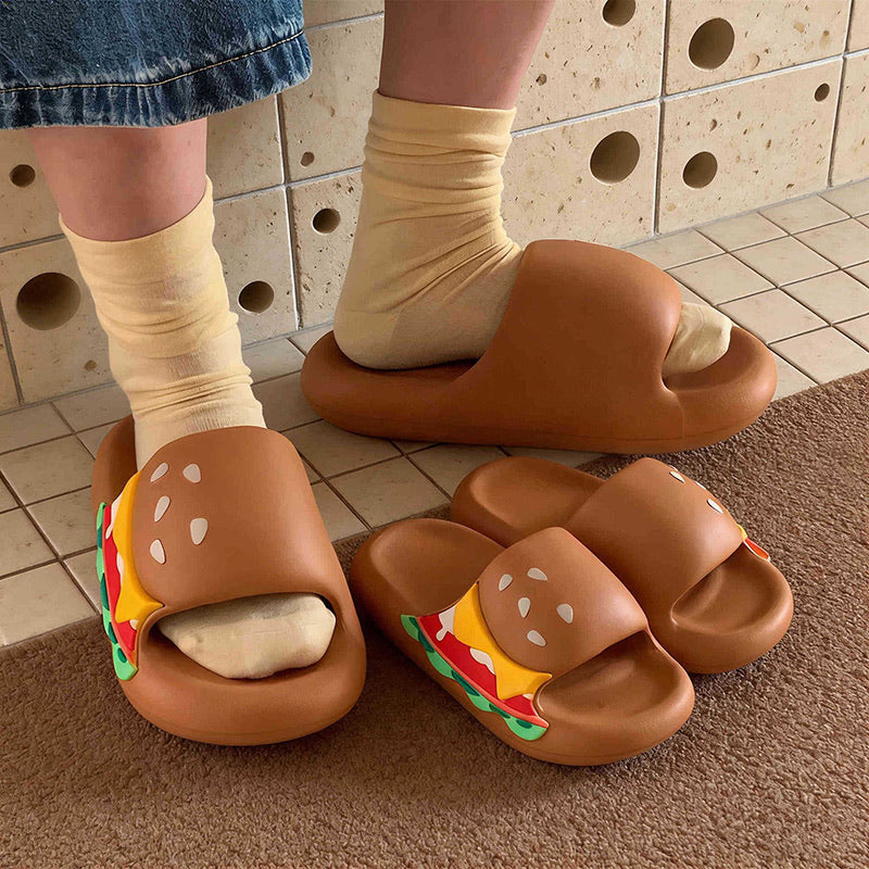 Cute brown burger design EVA slide sandals with layered toppings and sesame bun, lightweight all-EVA indoor shoes