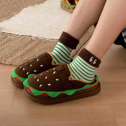 Cute dark brown burger design closed-back slippers with sesame bun and lettuce trim, plush indoor shoes with EVA sole