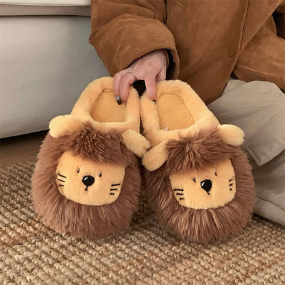 Yellow plush lion slippers featuring a thick brown furry mane and a stitched smile, cozy home shoes with EVA sole