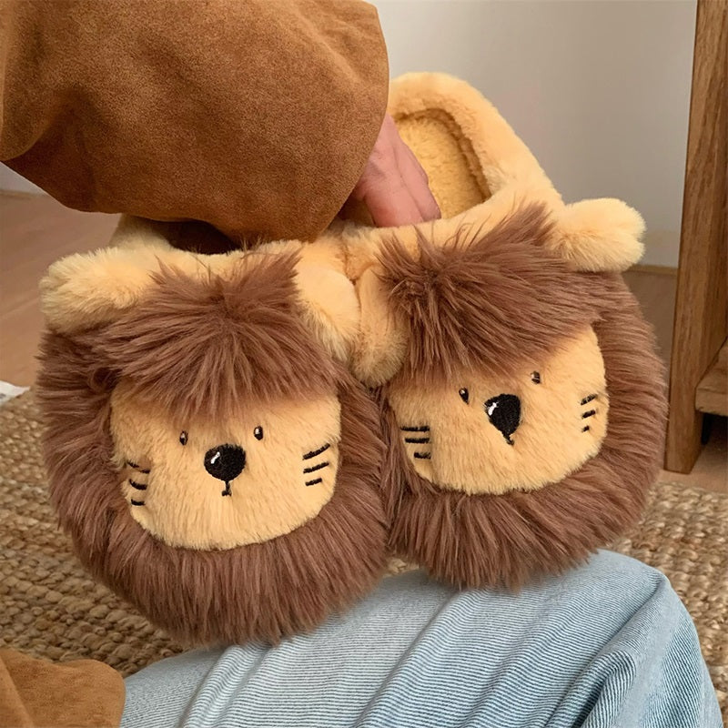 Yellow plush lion slippers featuring a thick brown furry mane and a stitched smile, cozy home shoes with EVA sole