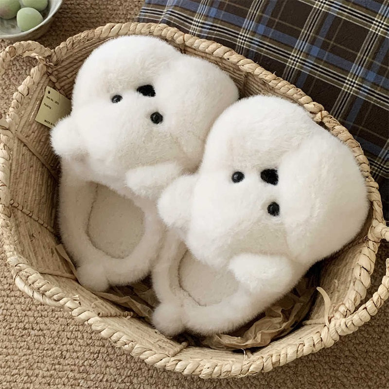 White fluffy bear slippers with a plush, oversized look and a minimal triangular nose, cozy indoor shoes with PVC outsole
