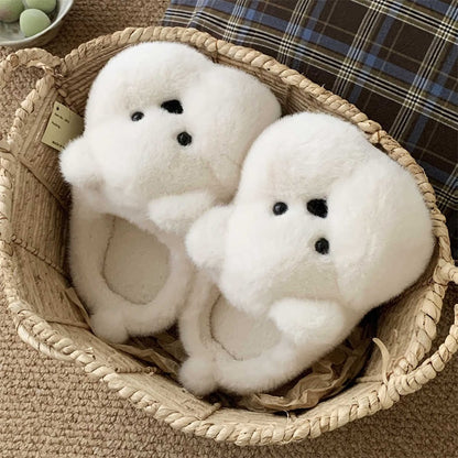 White fluffy bear slippers with a plush, oversized look and a minimal triangular nose, cozy indoor shoes with PVC outsole