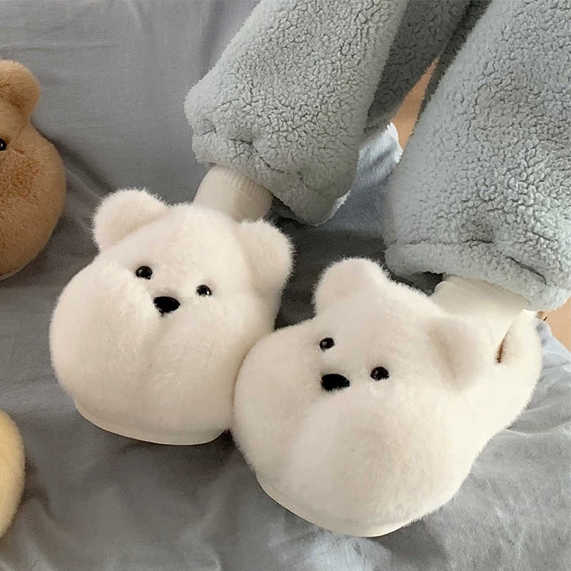 White fluffy bear slippers with a plush, oversized look and a minimal triangular nose, cozy indoor shoes with PVC outsole