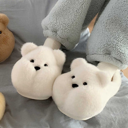 White fluffy bear slippers with a plush, oversized look and a minimal triangular nose, cozy indoor shoes with PVC outsole