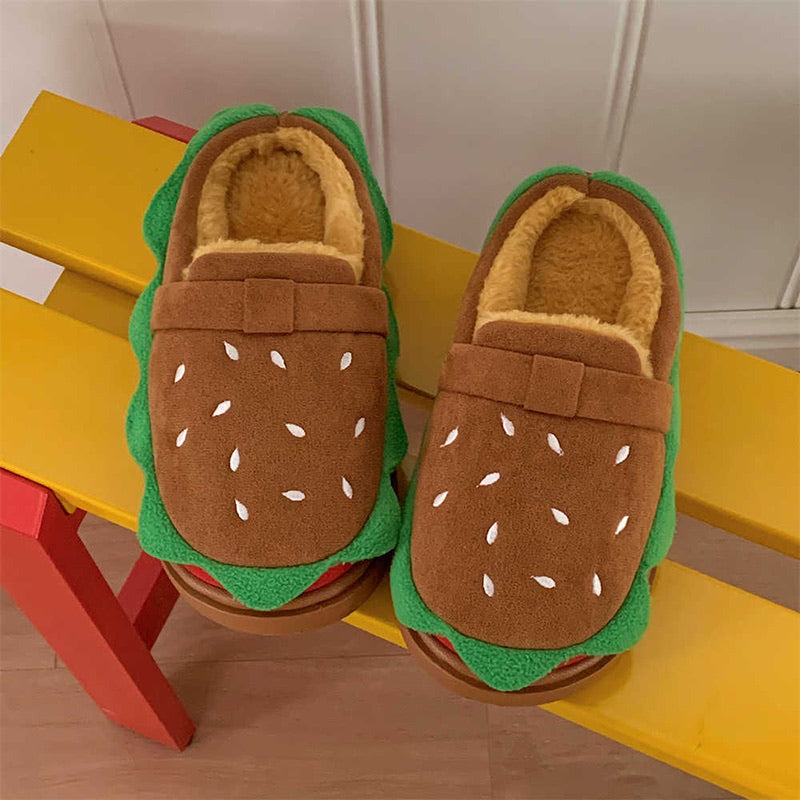 Cute brown burger design closed-back slippers with sesame bun and lettuce trim, plush indoor shoes with EVA sole