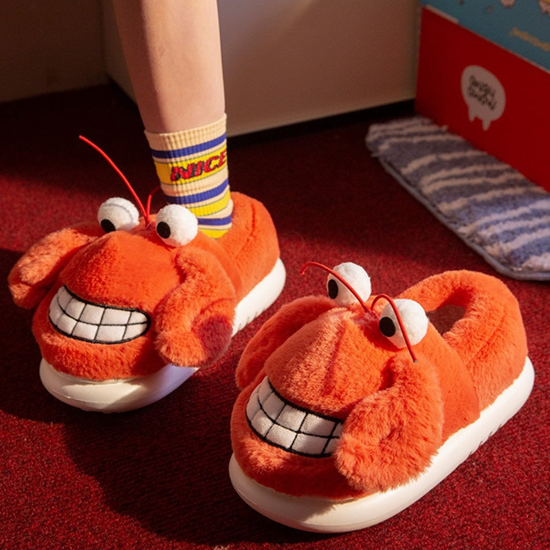 Cute orange crab plush slippers with protruding eyes, antennae and embroidered smile, fuzzy indoor shoes with EVA sole