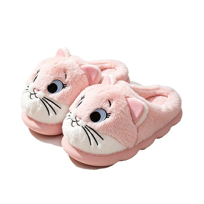 Pink cat character plush slippers with detailed facial embroidery and a comfortable fabric lining, cozy indoor footwear with EVA sole