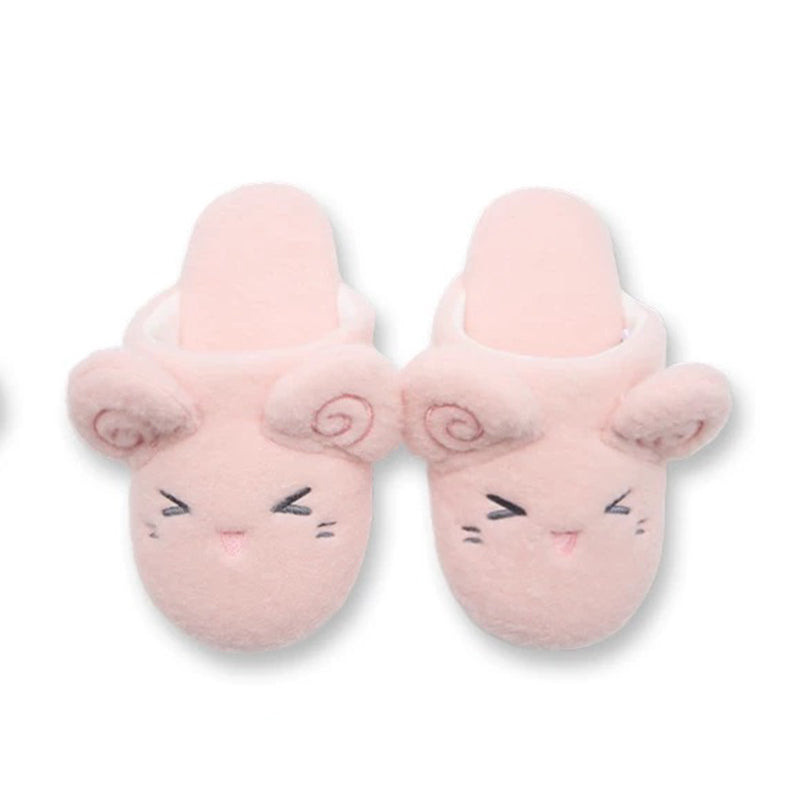 Pink fleece sheep slippers decorated with pink spiral ears and a sleepy expression, soft fabric sole home footwear