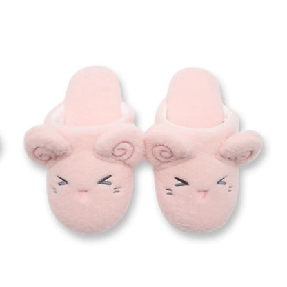 Pink fleece sheep slippers decorated with pink spiral ears and a sleepy expression, soft fabric sole home footwear