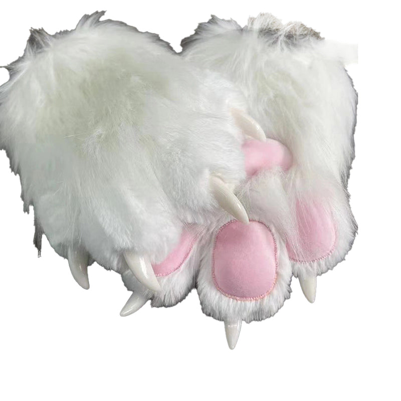 Pink oval paw pad white plush cosplay mitts with long wispy fur and curved simulated claws, fabric lined performance gloves