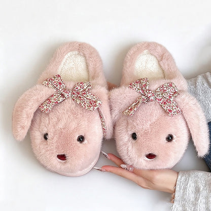 Pink winter cute shiny bow bunny slippers aesthetic warm plush house shoes