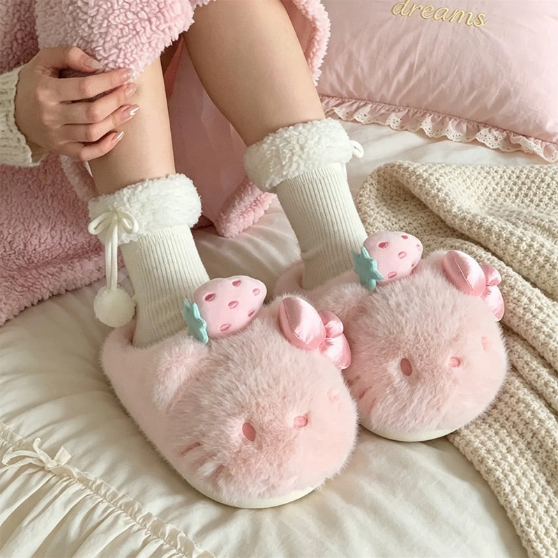Pink winter cute strawberry hello kt cat slippers aesthetic warm plush house shoes