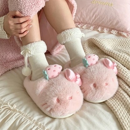 Pink winter cute strawberry hello kt cat slippers aesthetic warm plush house shoes