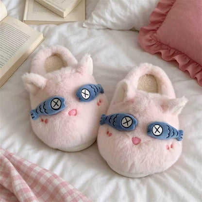 Pink winter fish eye mask cute cat slippers aesthetic warm plush house shoes
