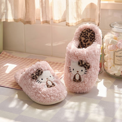 Pink winter leopard bow cute hello kt cat slippers aesthetic warm plush house shoes