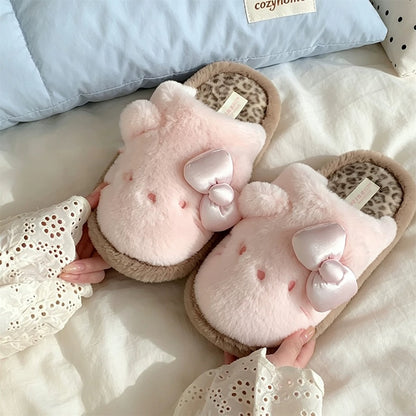 Pink winter satin bow cute hello kt cat slippers aesthetic warm plush house shoes