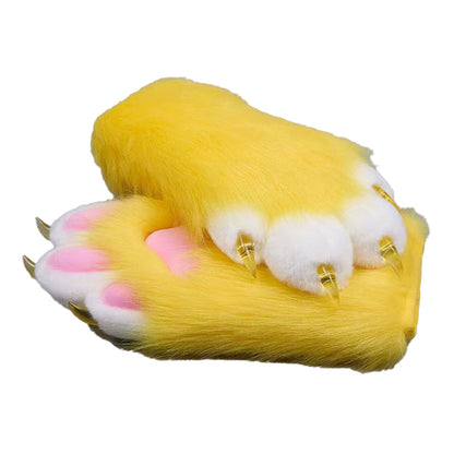 Plush cosplay paw gloves with white back fingers and pink palm pads, paired with semi-transparent black claws, soft lined furry mitts