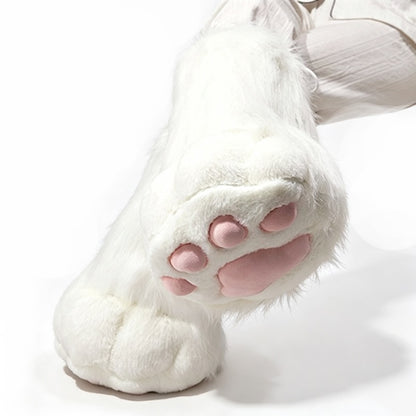 Pure white faux fur cat paw style boots with realistic pink toe pads, 13.78-inch tall cosplay footwear with a scratch-resistant suede base