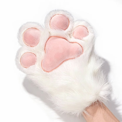 Pure white furry cat paw mitts with a realistic pink main pad and soft inner lining, lightweight theatrical character gloves