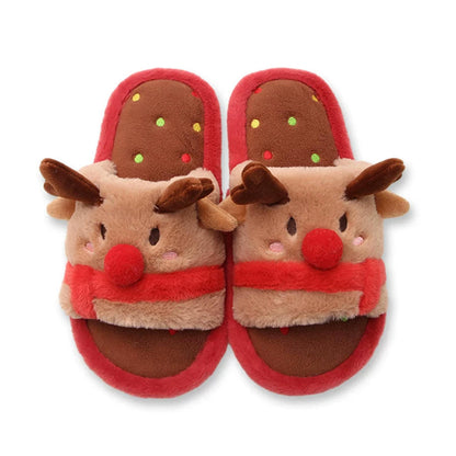 Red cute cartoon open toe christmas reindeer plush slippers eva sole indoor shoes