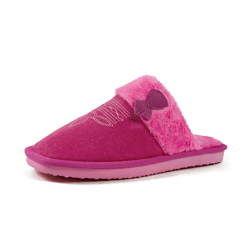 Rose red western style suede slippers with fuzzy trim and embroidered line, lightweight indoor slip-on shoes with EVA sole