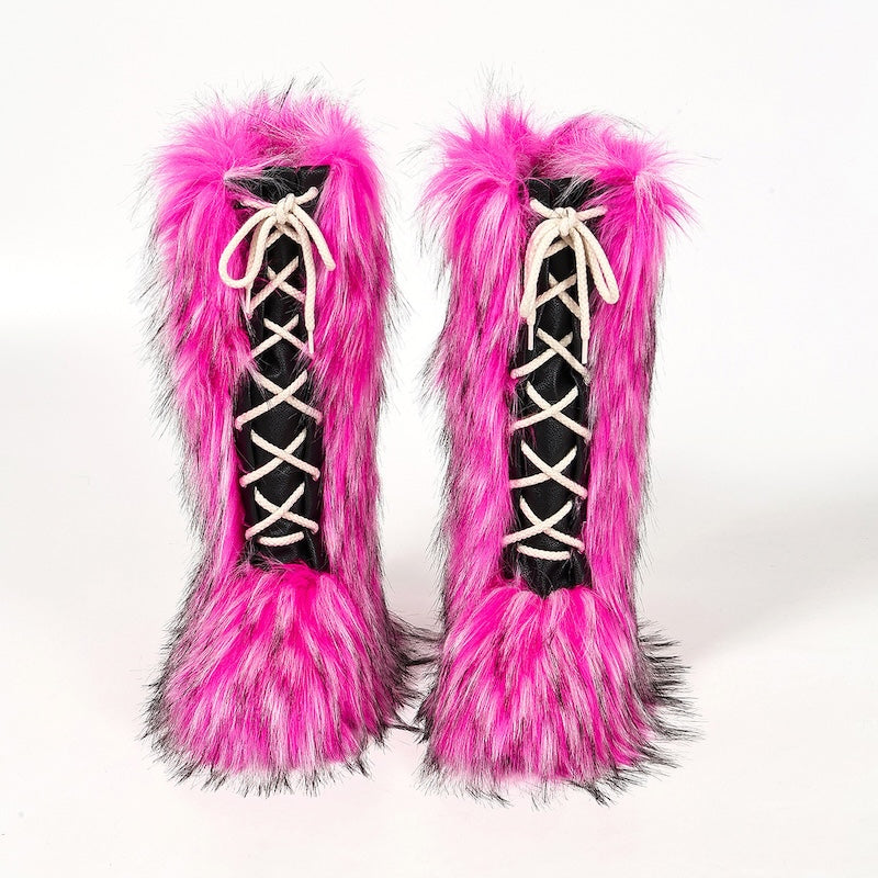 Rose red winter y2k lace-up faux fur mid-calf boots pvc sole footwear