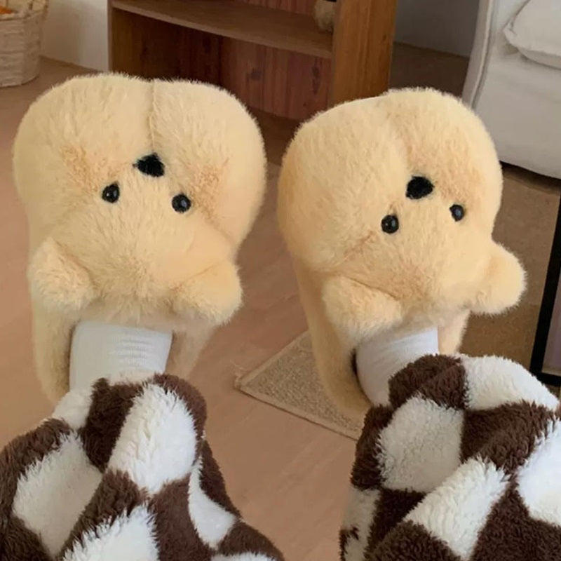 Yellow chubby bear plush slippers featuring a rounded silhouette, small ears, and black dot eyes, soft indoor footwear with PVC sole