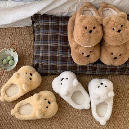 White fluffy bear slippers with a plush, oversized look and a minimal triangular nose, cozy indoor shoes with PVC outsole