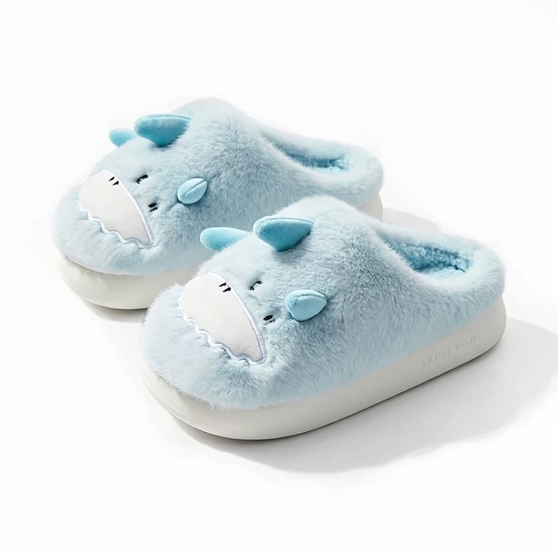 Sky blue plush shark slippers with 3D fins and zigzag white teeth, lightweight indoor shoes with EVA sole