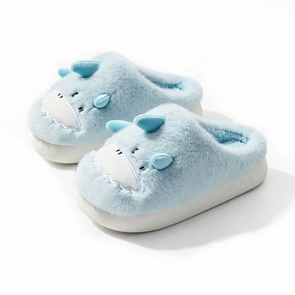 Sky blue plush shark slippers with 3D fins and zigzag white teeth, lightweight indoor shoes with EVA sole