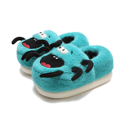 Teal blue plush spider monster slippers with black legs and a big mouth, indoor footwear with EVA sole