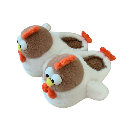 White cartoon chicken design plush slippers featuring large eyes and a vibrant orange comb, soft indoor footwear with EVA sole