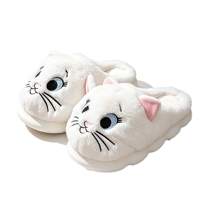 White cat character plush slippers with detailed facial embroidery and a comfortable fabric lining, cozy indoor footwear with EVA sole