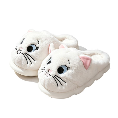 White cat character plush slippers with detailed facial embroidery and a comfortable fabric lining, cozy indoor footwear with EVA sole