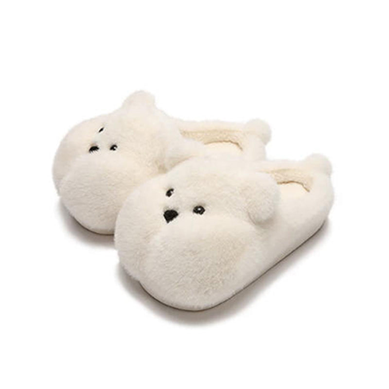 White fluffy bear slippers with a plush, oversized look and a minimal triangular nose, cozy indoor shoes with PVC outsole