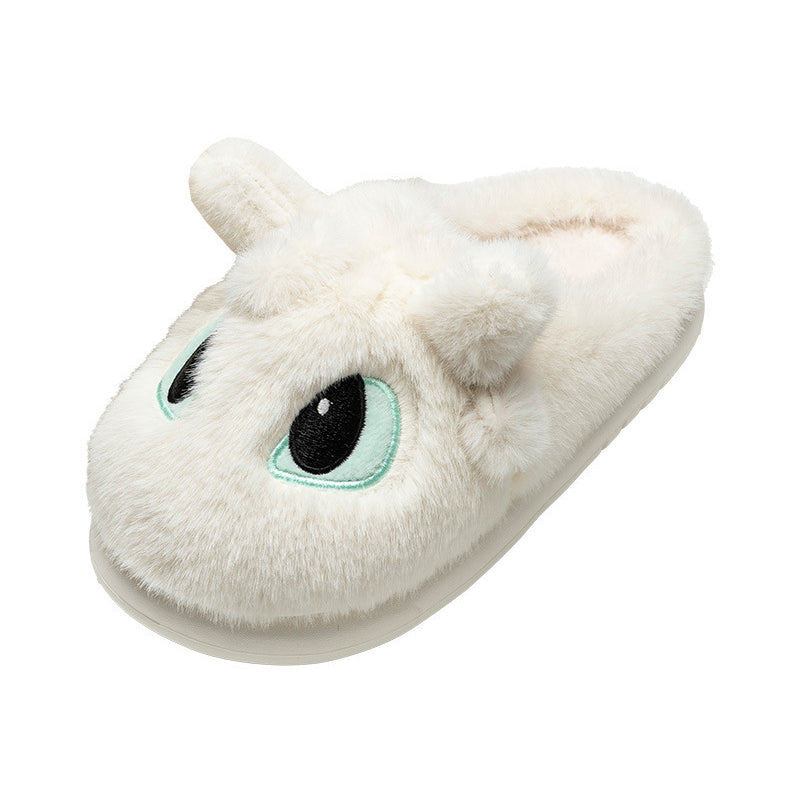 White fluffy dragon plush slippers featuring large mint-outlined eyes and small horn details, PVC sole indoor footwear