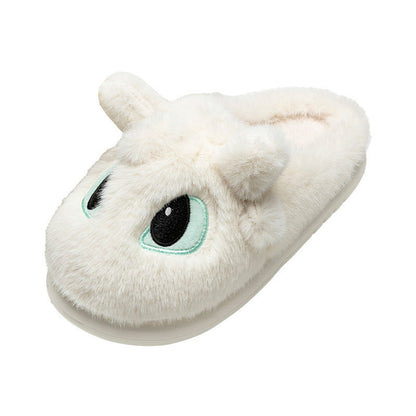 White fluffy dragon plush slippers featuring large mint-outlined eyes and small horn details, PVC sole indoor footwear