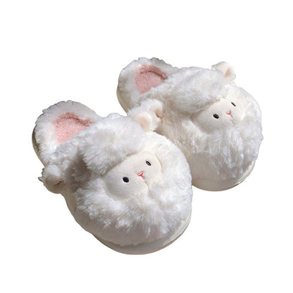 White long-fleece sheep plush slippers with pink-lined ears and black dot eyes, soft indoor footwear with EVA sole