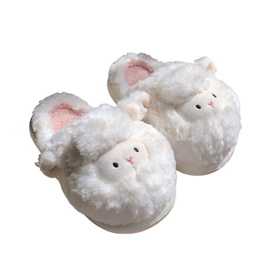 White long-fleece sheep plush slippers with pink-lined ears and black dot eyes, soft indoor footwear with EVA sole