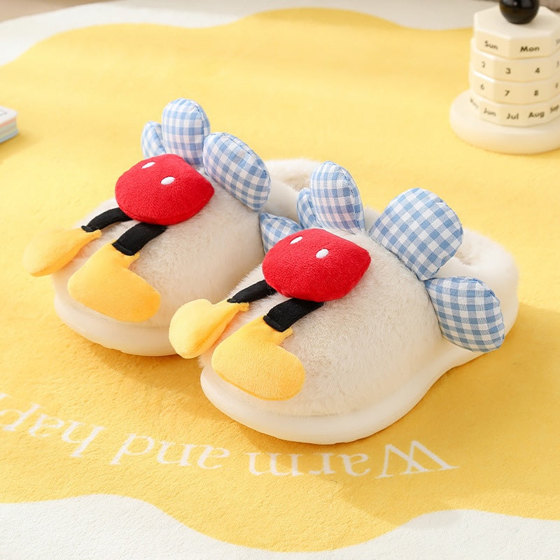 White plush mouse slippers with blue checkered ears and yellow paw details, TPR sole home shoes