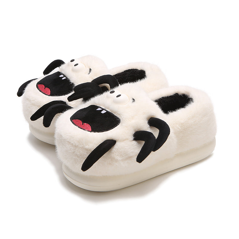White plush spider monster slippers with big black mouth and spooky legs, indoor footwear with EVA sole