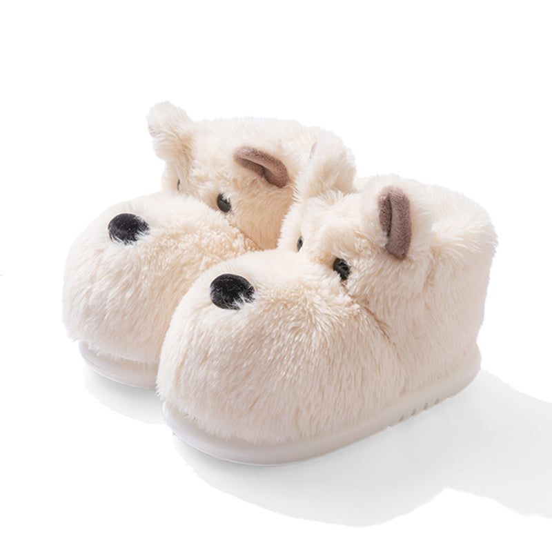 White westie dog shaped plush slippers featuring pointed ears and a black nose, cozy indoor footwear with EVA sole