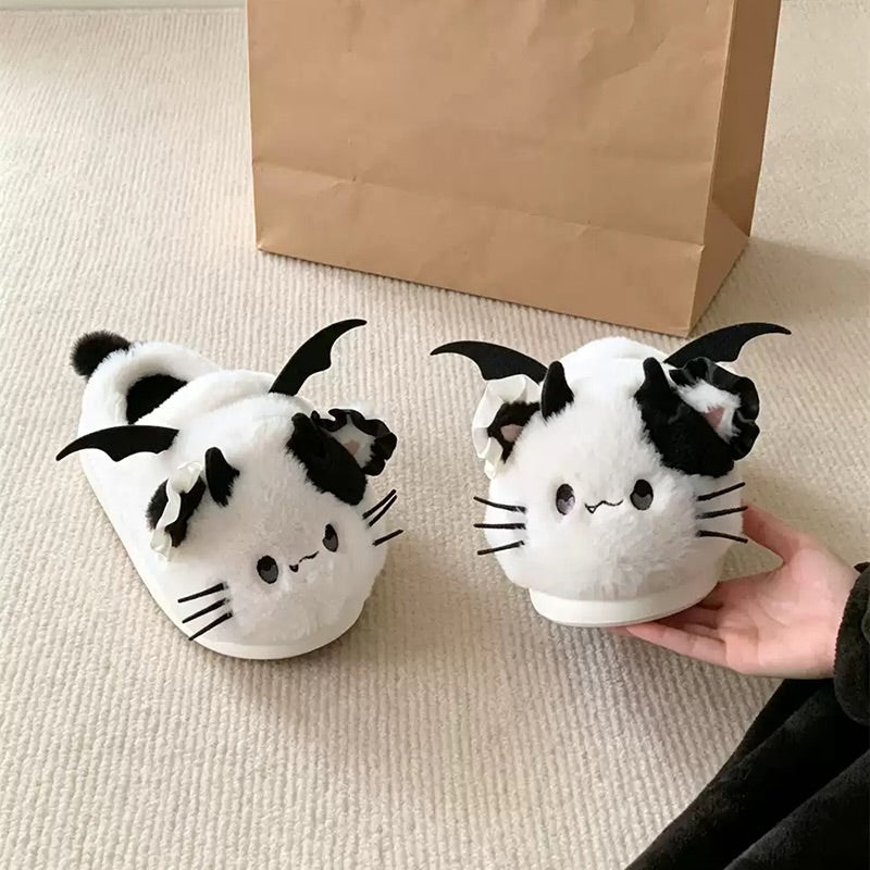 White winter cute bat cat slippers aesthetic warm plush house shoes