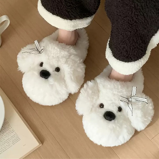 White winter cute bichon dog slippers aesthetic warm plush house shoes