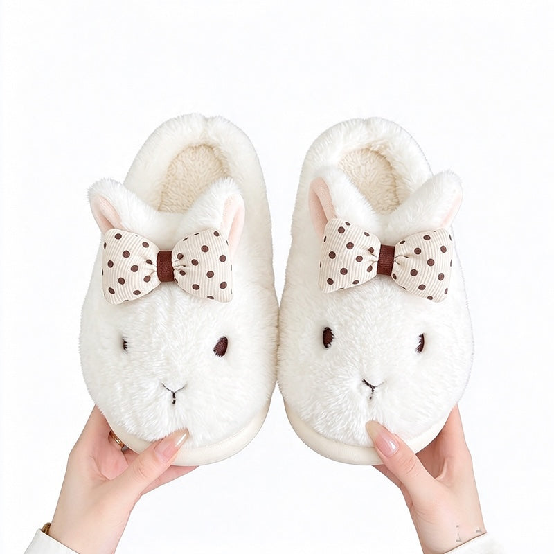 White winter cute bow bunny slippers aesthetic warm plush house shoes
